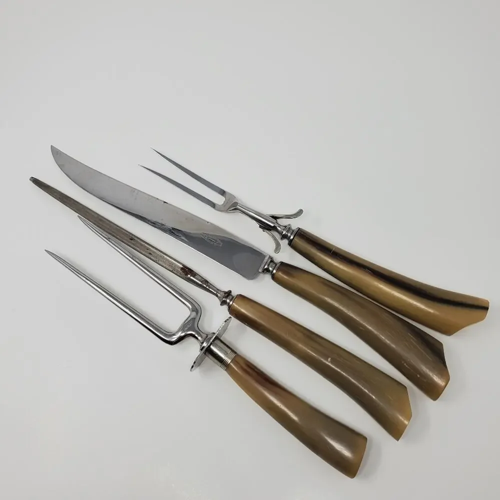 Vintage Wade & Butcher Antler Handle stainless steel knife and tong set